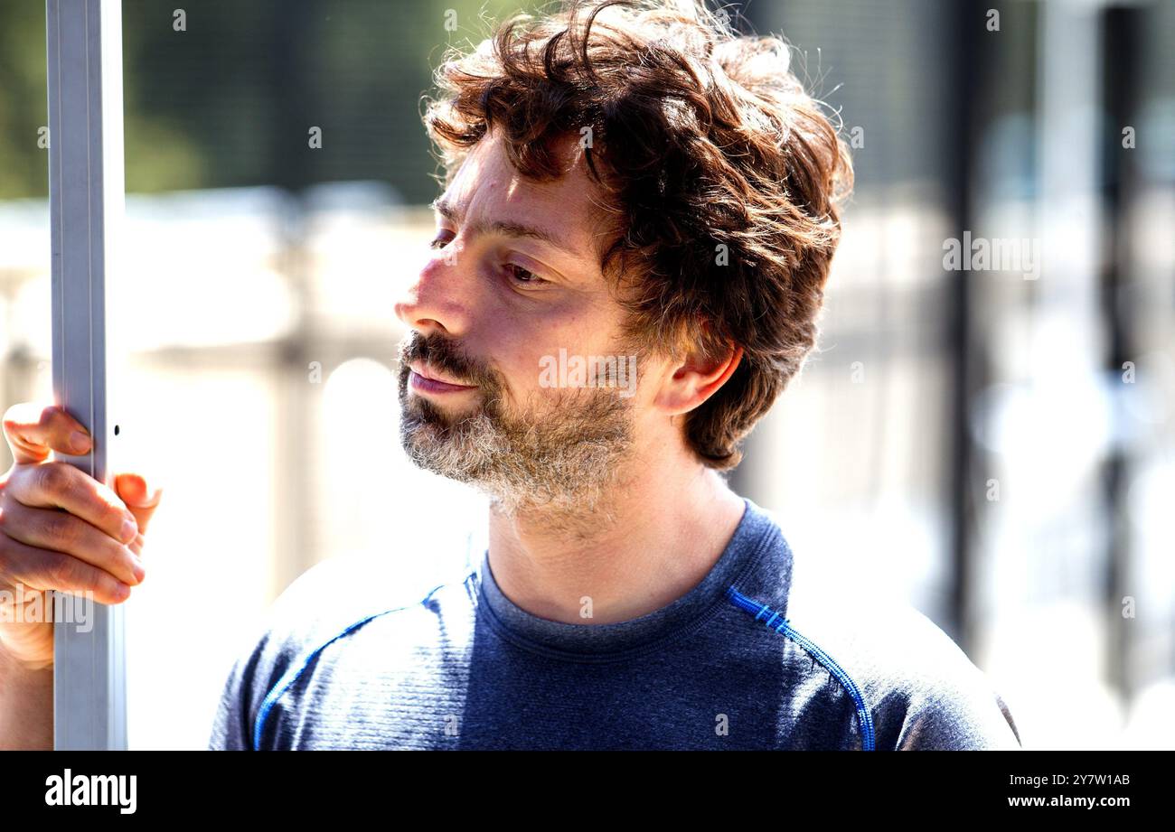 Mountain View, California USA.--Sergey Brin, co-fondatore di Google Inc. A Mountain View, California, mercoledì 13 maggio 2015. Foto Stock