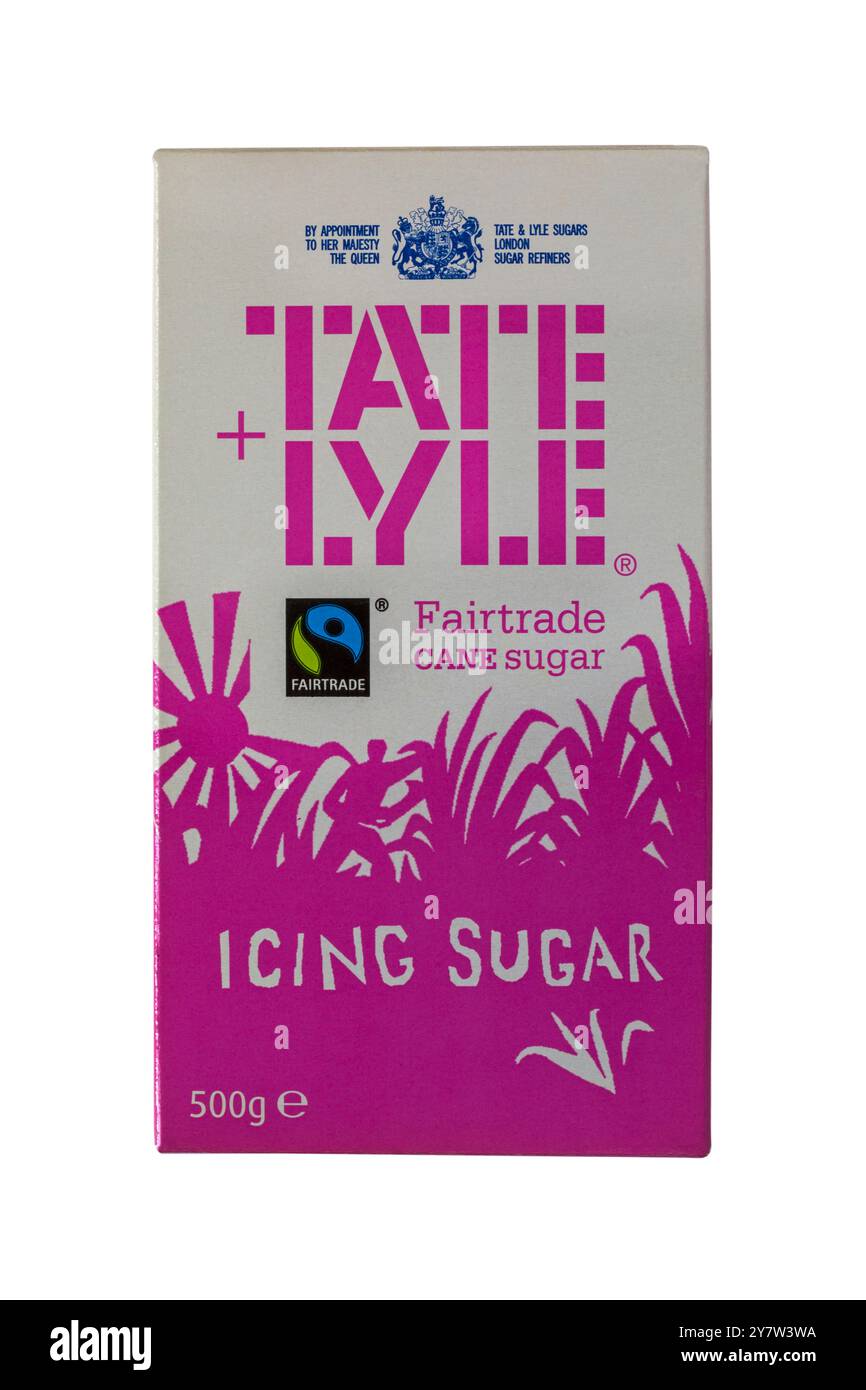 Confezione di zucchero a velo di canna da zucchero di Tate e Lyle - simbolo del commercio equo e solidale isolato su sfondo bianco Foto Stock