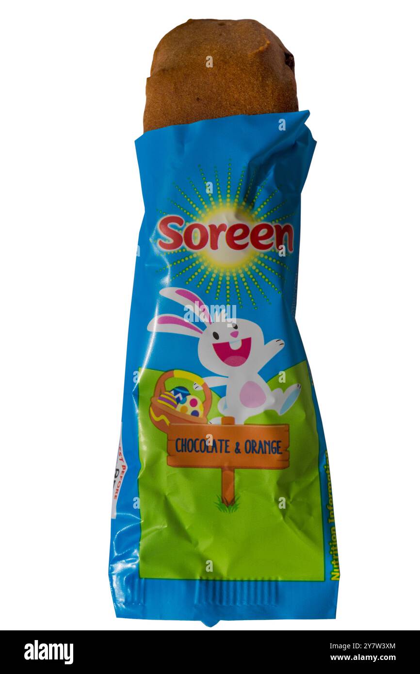 Soreen deliziosamente elasticizzato cioccolato e mini pagnotta d'arancia isolato su sfondo bianco Foto Stock