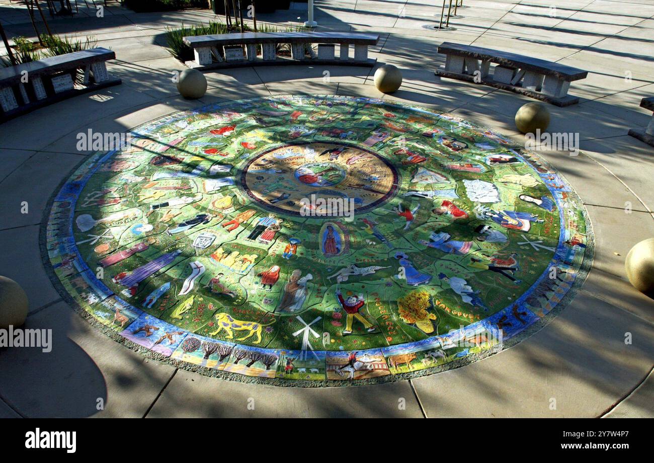 Livermore, California, Un mosaico colorato di fronte alla nuova Livermore Library contiene numerosi errori ortografici di nomi famosi. La città di Livermore pagò a Maria Alquilar 40.000 dollari per il mosaico e altri 6.000 dollari per correggere gli errori. 13 ottobre 2004. Foto Stock
