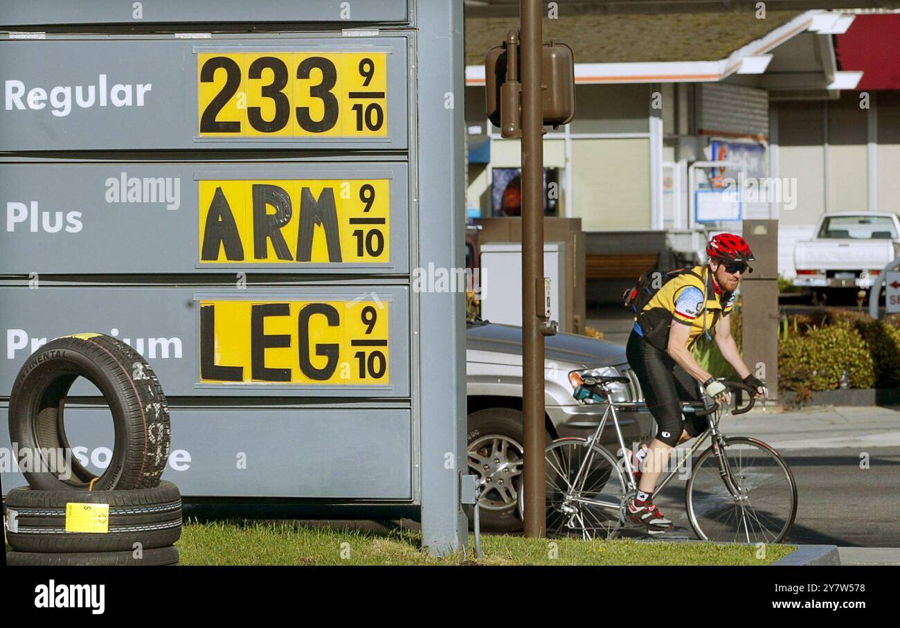 Menlo Park, California: Il proprietario della stazione di Menlo-Atherton Shell si è divertito con l'alto prezzo di più e l'insegna del gas premium. Il proprietario della stazione di servizio ha fatto la stessa cosa l'anno scorso con il cartello del prezzo. Il prezzo di Plus è di $2,43 e il premio è di $2,53. 17 maggio 2004 Foto Stock