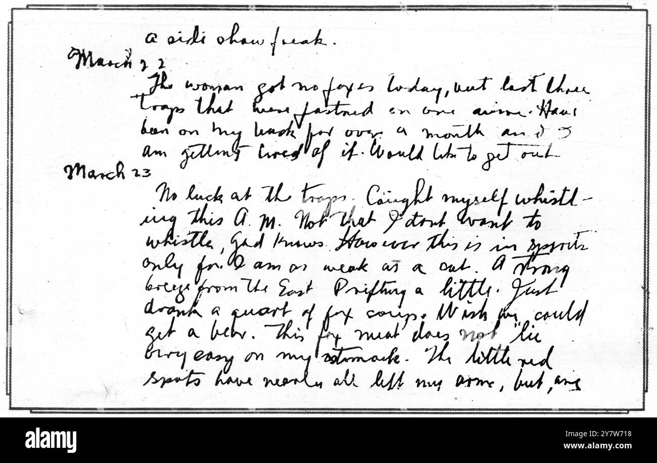 Documenti patetici sono stati trovati al campo sull'isola di Wrangel quando la spedizione di soccorso guidata da Harold Noice arrivò lì il 20 agosto scorso, solo per scoprire che la donna eschimese, Ada Blackjack, era l'unica sopravvissuta della spedizione. Visto qui: "Mi sono beccato a fischiare questa mattina. Non che io non voglia fischiare. Dio sa': L'ultima voce nel diario di Lorne Knight, il coraggioso americano morto sull'isola di Wrangel, accusando la donna eschimese, sopravvissuta a lui, di continuare il record. 29 dicembre 1923 Foto Stock