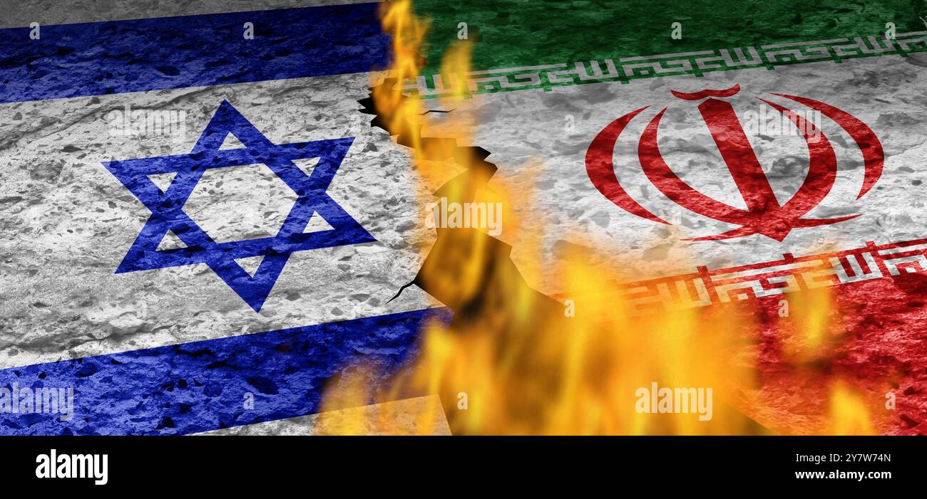 Israele guerra in Iran e crisi militare in Medio Oriente come confronto armato o conflitto per procura iraniano israeliano con due governi opposti in un dis Foto Stock