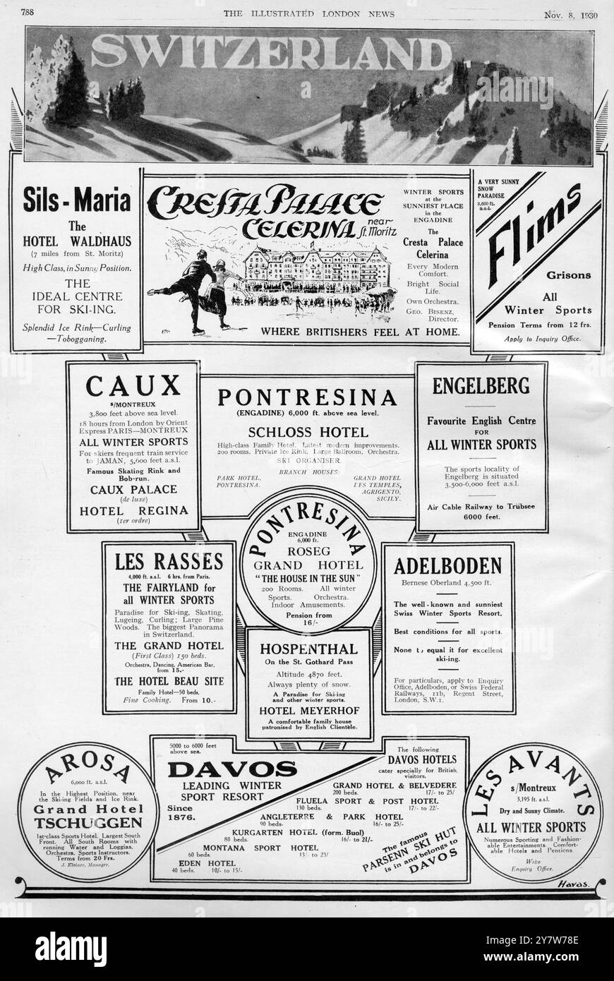 Annunci pubblicitari per vari hotel e località sciistiche in Svizzera, come è apparso in Illustrated London News.8 novembre 1930 Foto Stock