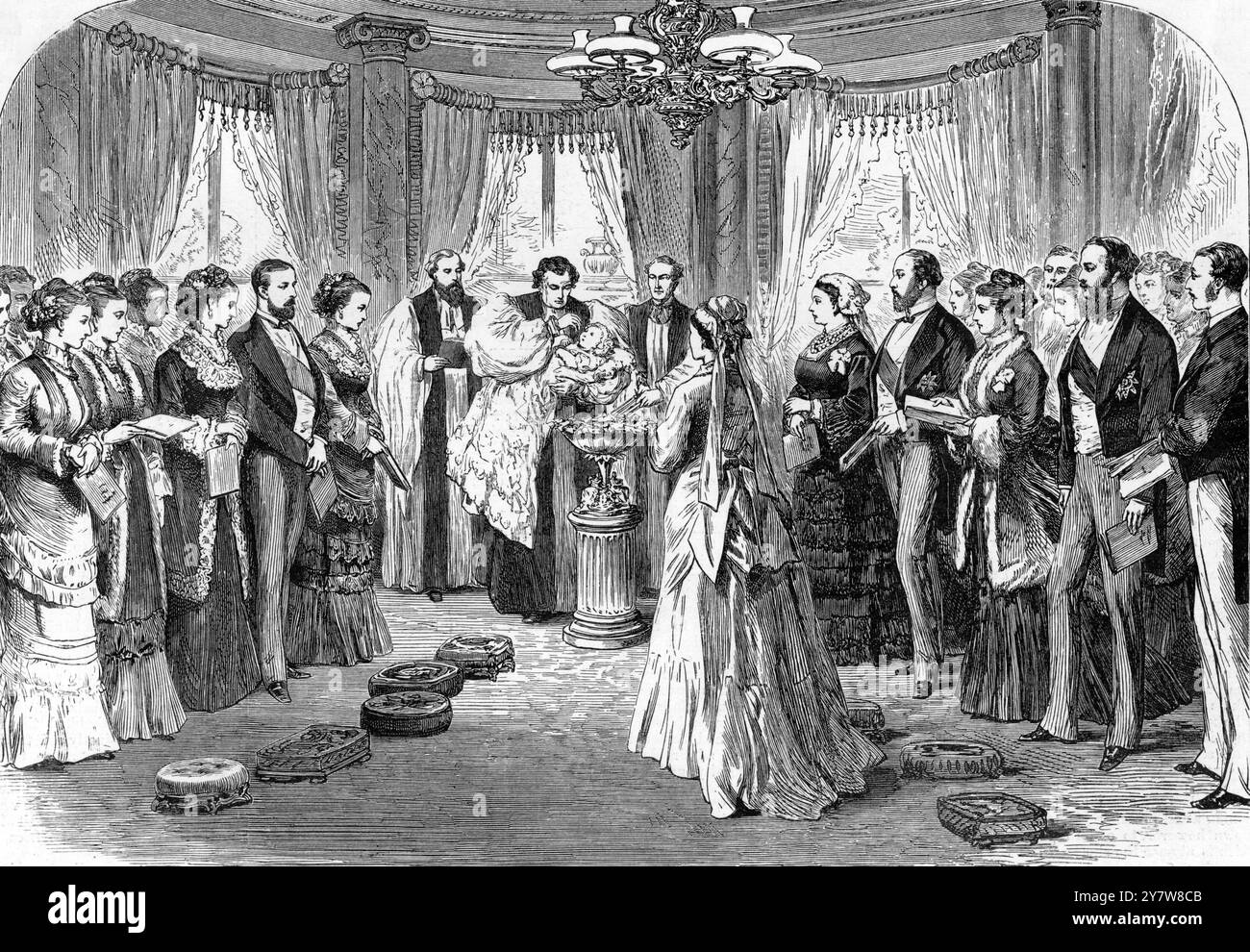 Il battesimo del defunto Principe Alfredo a Buckingham Palace , 30 novembre 1874 con il Duca e Duchessa di Edimburgo, Dr Tait , Arcivescovo di Canterbury , Regina Vittoria, il Principe di Galles , lo Czarevitch Alfredo, Principe ereditario di Sassonia-Coburgo e Gotha (Alfred Alexander William Ernest Albert; 15 ottobre 1874 – 6 febbraio 1899), era il figlio ed erede apparente di Alfredo, Duca di Sassonia-Coburgo e Gotha. Morì all'età di 24 anni in circostanze ancora non del tutto chiare. Era cugino di primo grado del re Giorgio V del Regno Unito, del Kaiser Guglielmo II di Germania e dello zar Nicola II di Russia. 18 Foto Stock