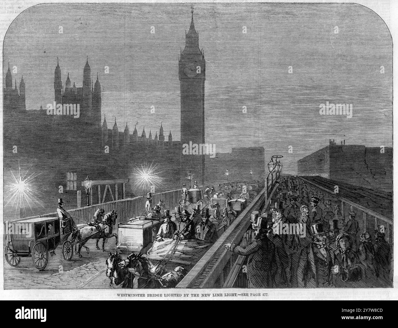 Westminster Bridge illuminato dalla nuova luce. Londra, Inghilterra 18 maggio 1860 Foto Stock