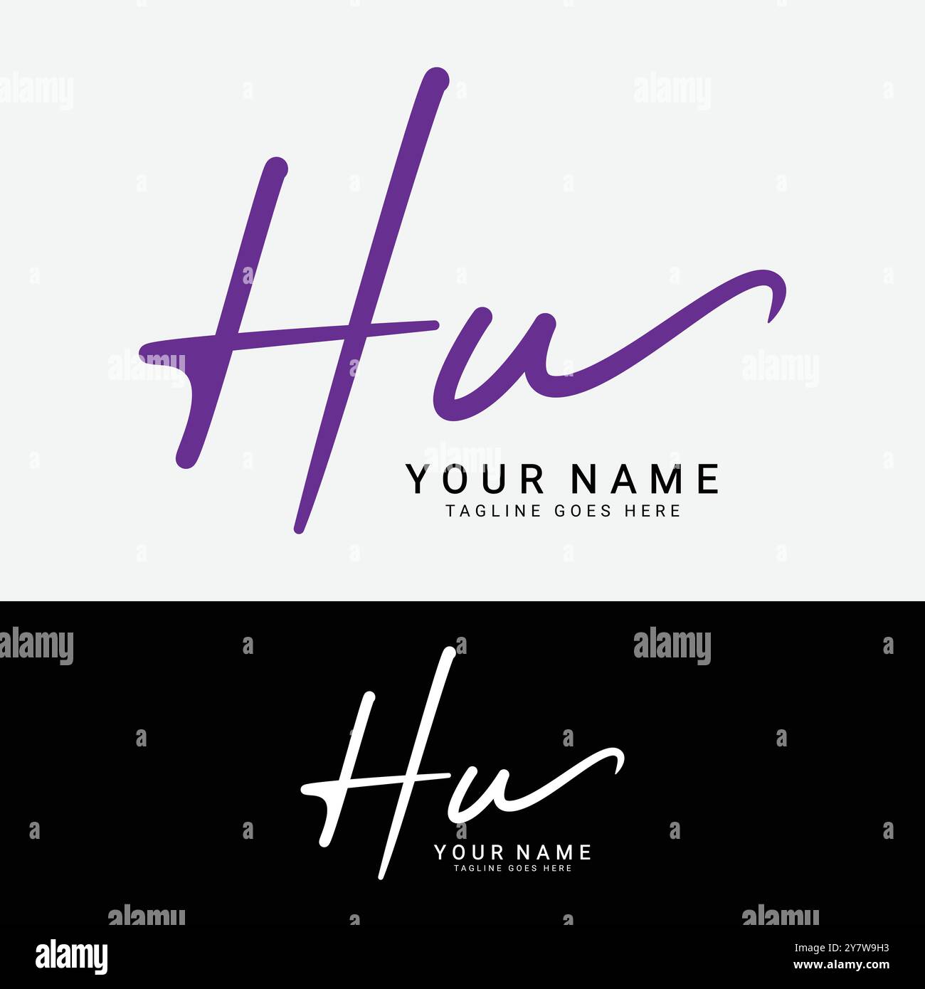 Logo H, U, HU con lettera iniziale. Logo alfabetico HU firma manoscritta Illustrazione Vettoriale