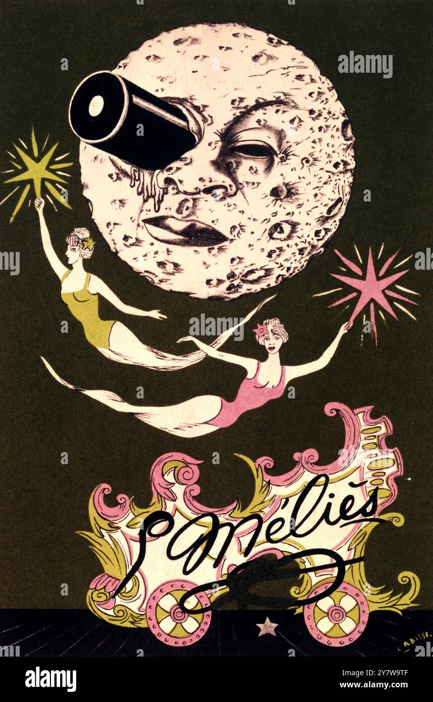 La Luna: Copertina del Catalogo della mostra Melies all'esposizione di Parigi 1949 - celebrazione del centenario di George Melies (1861-1938), 1961 incisione a colori - di Felix Labisse (1905-82) nella Bibliotheque des Arts Decoratifs, Parigi, Francia. ©TopFoto Foto Stock