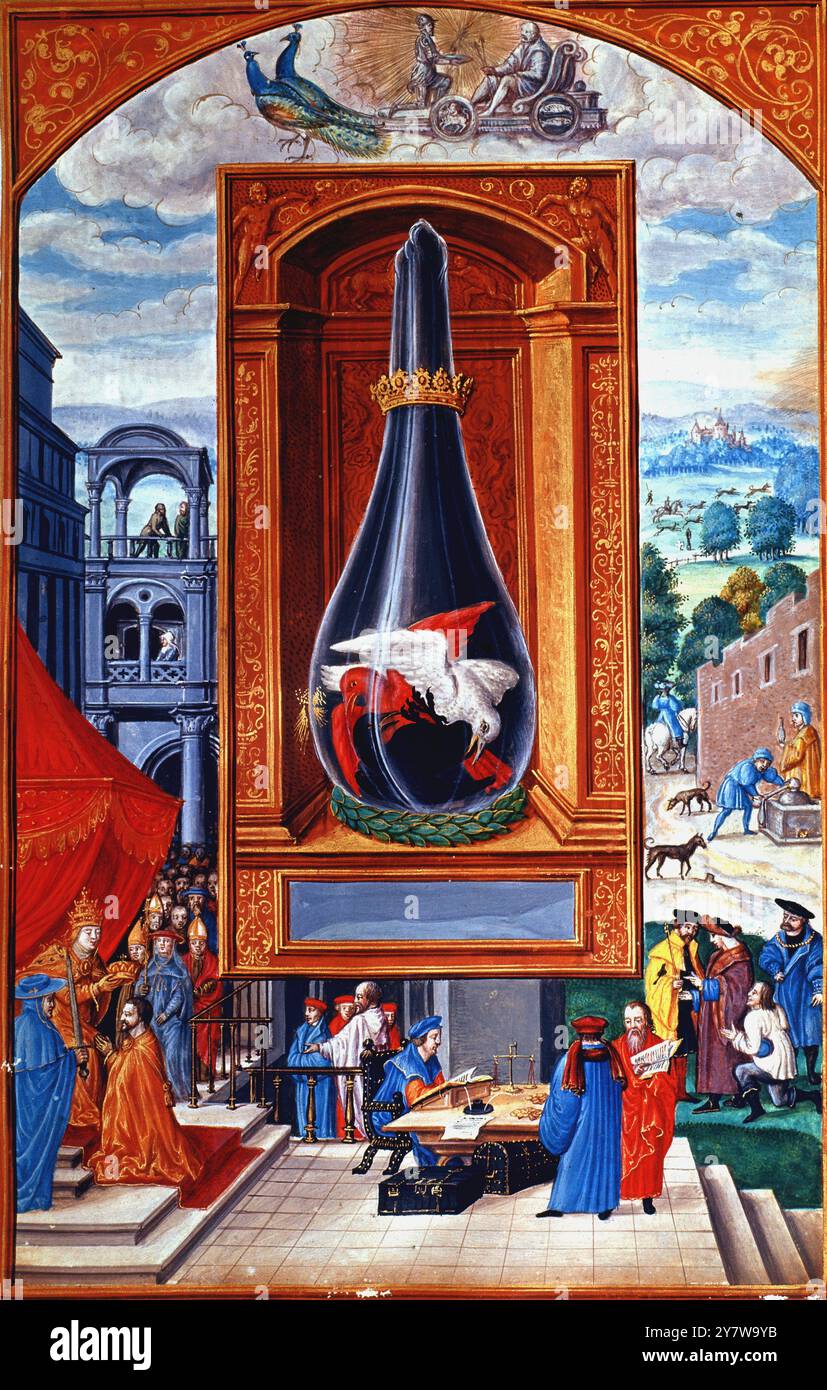 Alchimia - elementi che uniscono per produrre la pietra filosofo - schiena/uccelli bianchi/rossi simboleggiano il corpo, l'anima e lo spirito di mans e mercurio, zolfo e sale in chimica - il Papa incoronazione di un re, conteggio dei soldi. - Splendour Solis di Salomon Trismosin 1582 o 89 - ©TopFoto Foto Stock