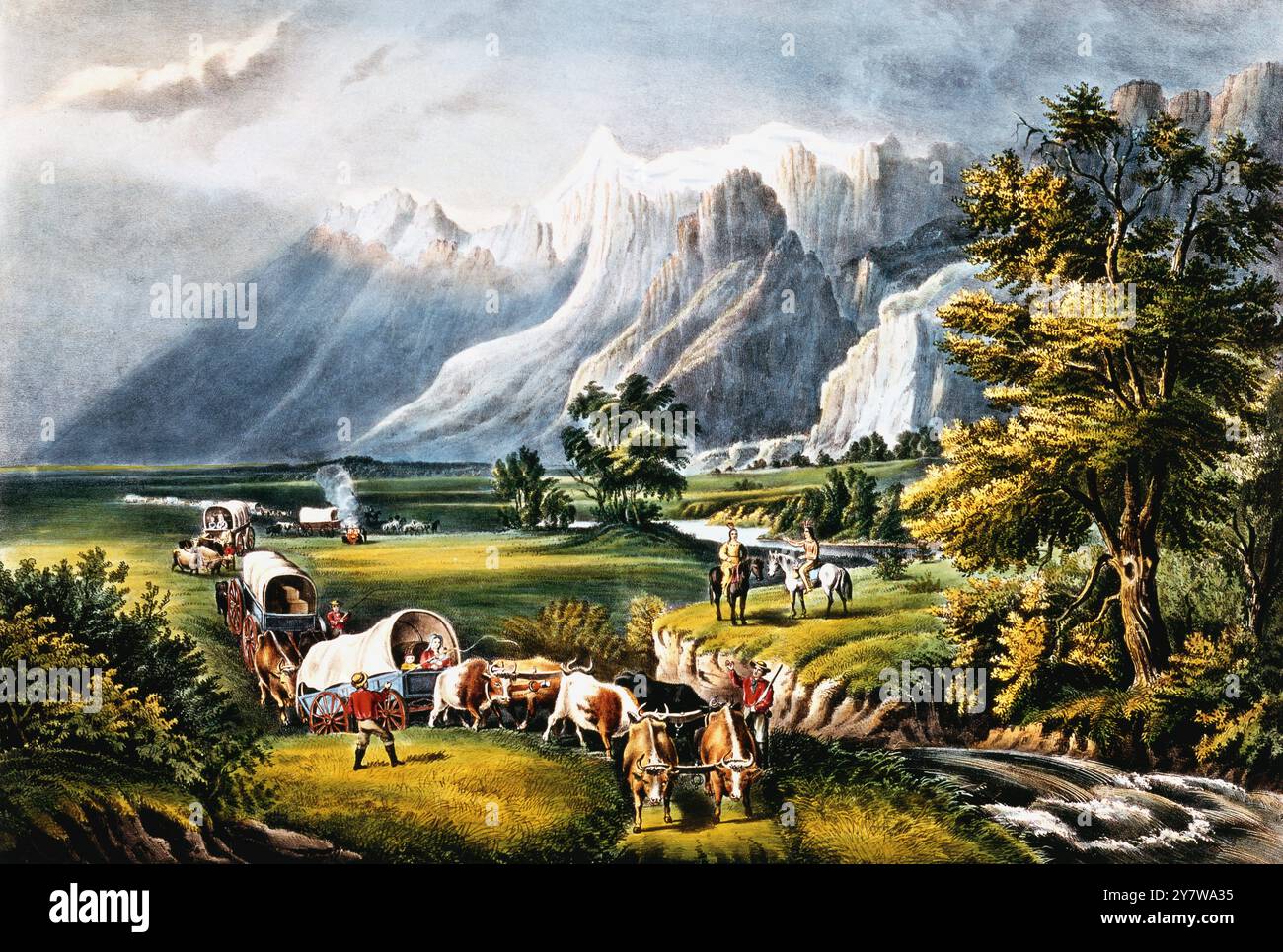 Le Montagne Rocciose : emigranti che attraversano le pianure : Currier e Ives Print . Nel Museum of the City of New York, USA 1866 Foto Stock