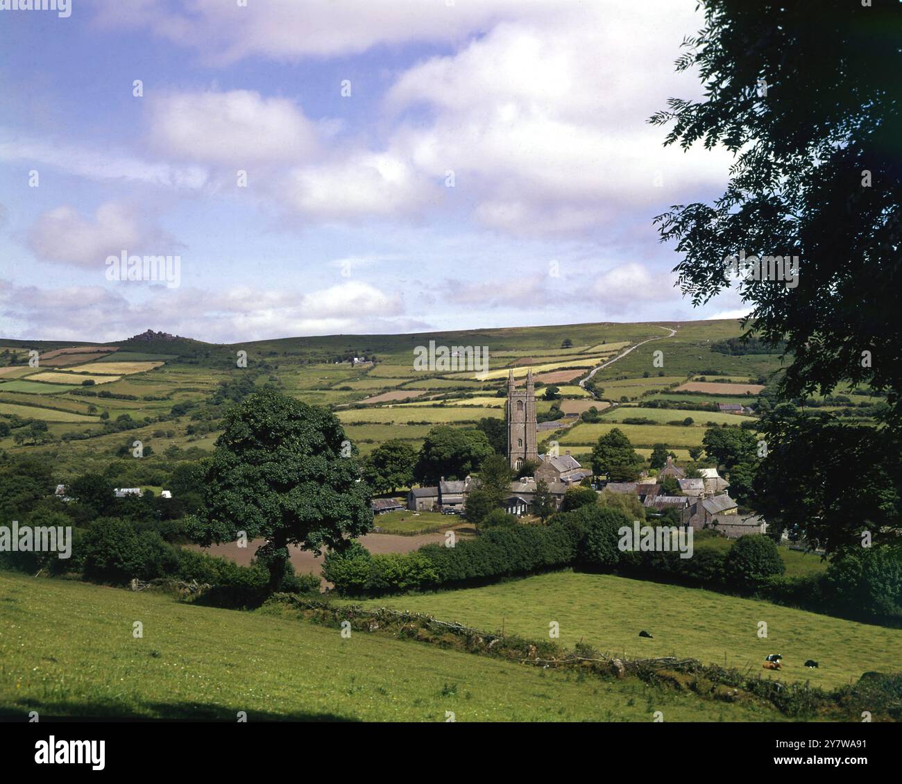 Widecombe-in-the-Moor, Dartmoor, Devon - un piccolo villaggio nel cuore del Parco Nazionale di Dartmoor. Si pensa che il nome derivi da Withy-combe che significa Willow Valley. Nel 2007 ci sono 196 famiglie nel villaggio. Al centro si trova la chiesa di San Pancrazio, conosciuta come la "Cattedrale dei Mori" in riconoscimento della sua torre di 120 metri e della capacità relativamente grande per un piccolo villaggio. La chiesa fu originariamente costruita nel XIV secolo, in stile perpendicolare (tardo gotico), utilizzando granito locale. Fu ampliato nei due secoli successivi, in parte sul proc Foto Stock