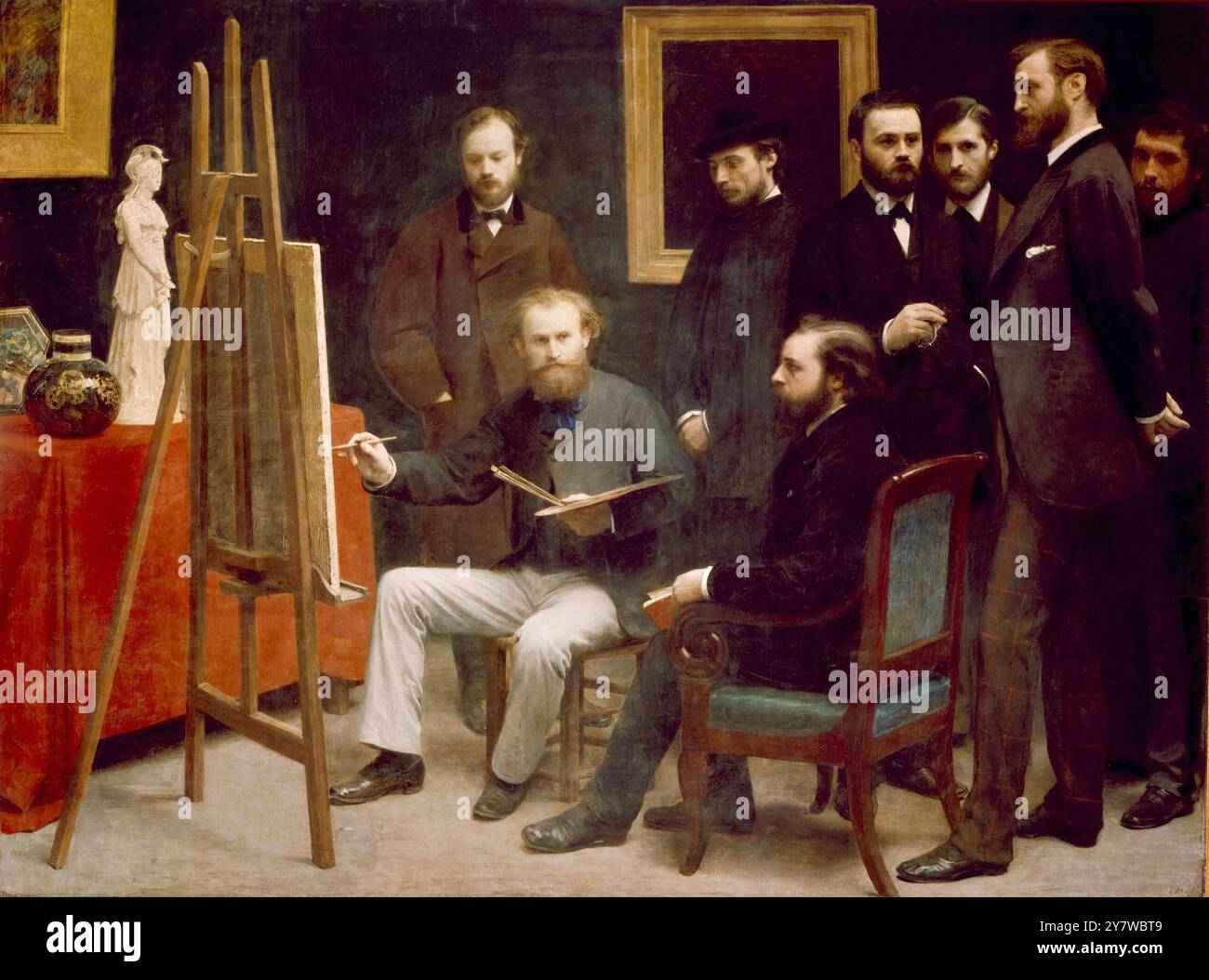 Studio a Batignolles, 1870 (olio su tela) Artist Fantin-Latour, Ignace Henri Jean (1836-1904) location Musee d'Orsay, Parigi, Francia (Jeu de paume) un Atelier aux Batignolles cavallerello otto Scholderer Edouard Manet 1832-83 Pierre Auguste Renoir 1841-1919 Zacharie Astruc 1835-1907 Emile Zola 1840-1902 Edmund Maitre Frederic Bazille 1841-70 Claude Montor artisti ritratti maschili 1840-1926 artisti Henri Fantin-Latour (Grenoble, 14 gennaio 1836 – 25 agosto 1904) è stato un pittore e litografo francese, nato Henri Jean Théodore Fantin-Latour a Grenoble, Rhône-Alpes, Fran Foto Stock