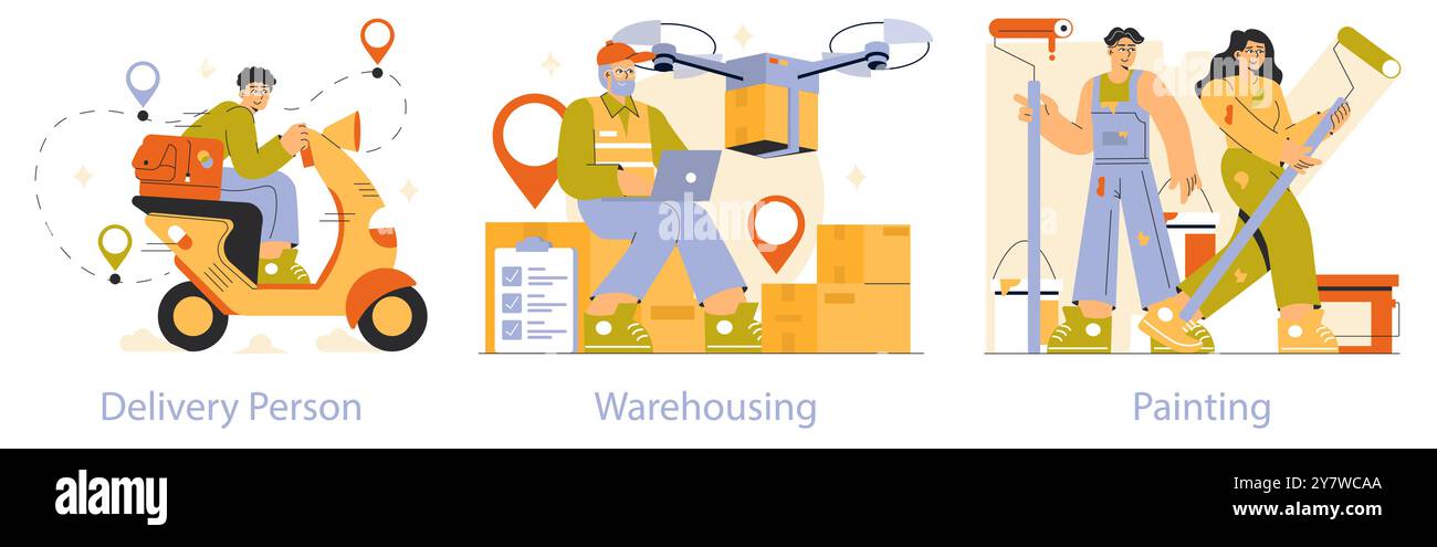 Set di professioni lavorative. Illustrazioni di un addetto alla consegna, di un addetto al magazzino e di pittori in azione. Esplorare attività professionali dinamiche. Illustrazione vettoriale. Illustrazione Vettoriale
