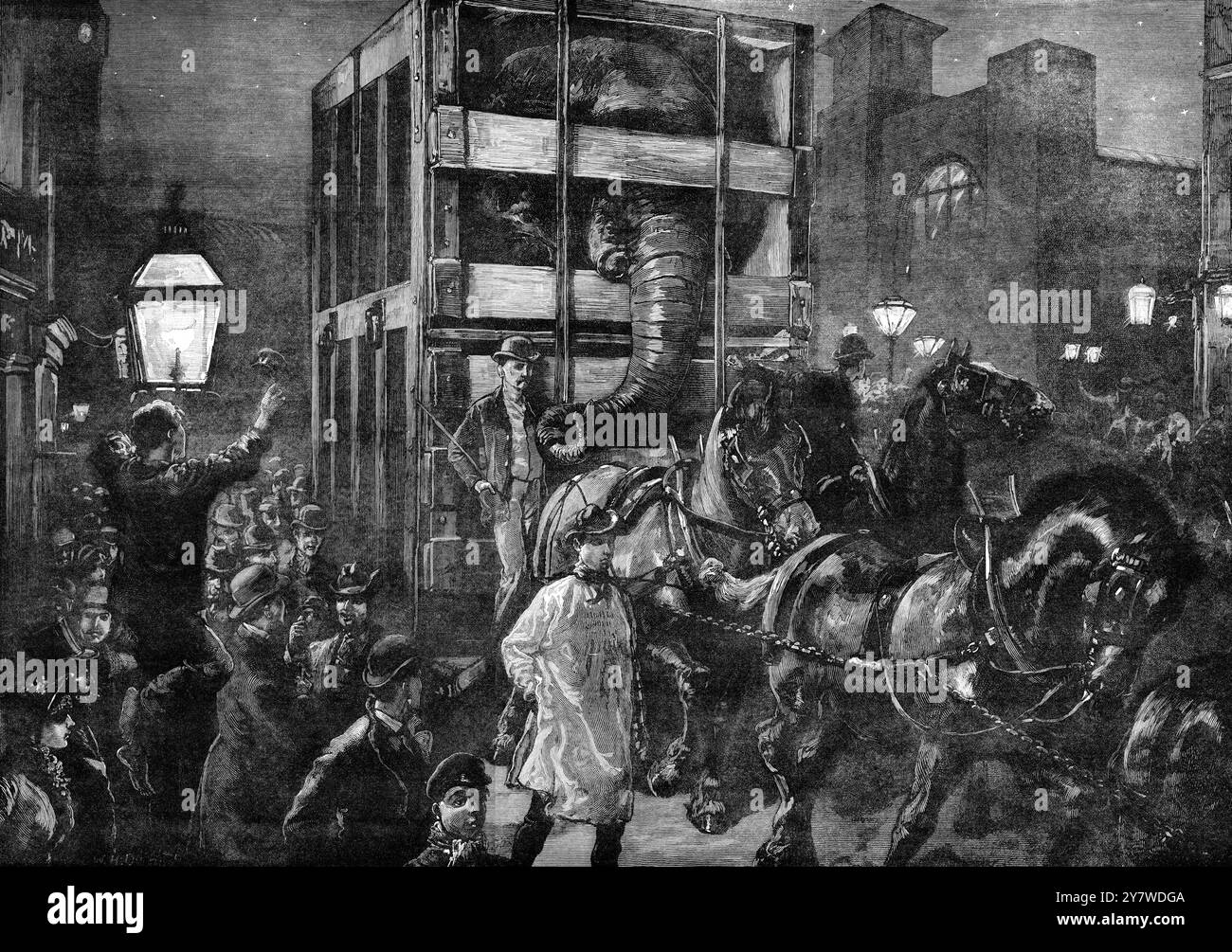 Jumbo , il grande elefante africano che viaggia dalla sua casa al Regent's Park Gardens della Zoological Society di Londra al St Katharine's Docks per un viaggio verso la sua nuova casa in America . I guardiani sono riusciti a far legare Jumbo in modo sicuro e inscatolato nella grande gabbia di legno , pesante quasi quanto se stesso . Aprile 1882 Foto Stock