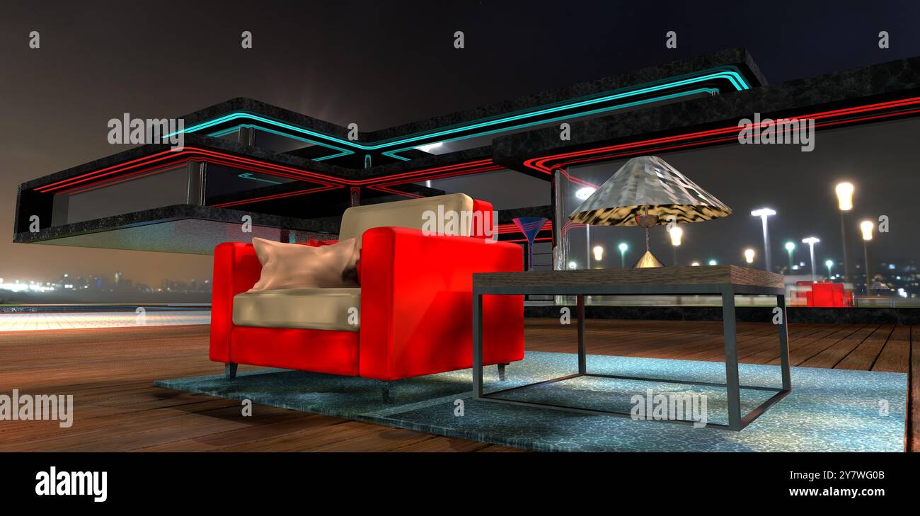 Una poltrona rossa con un cuscino su un tappeto. Una lampada da tavolo sul tavolo. Una magnifica atmosfera notturna nel cortile di una casa privata. 3d rende Foto Stock