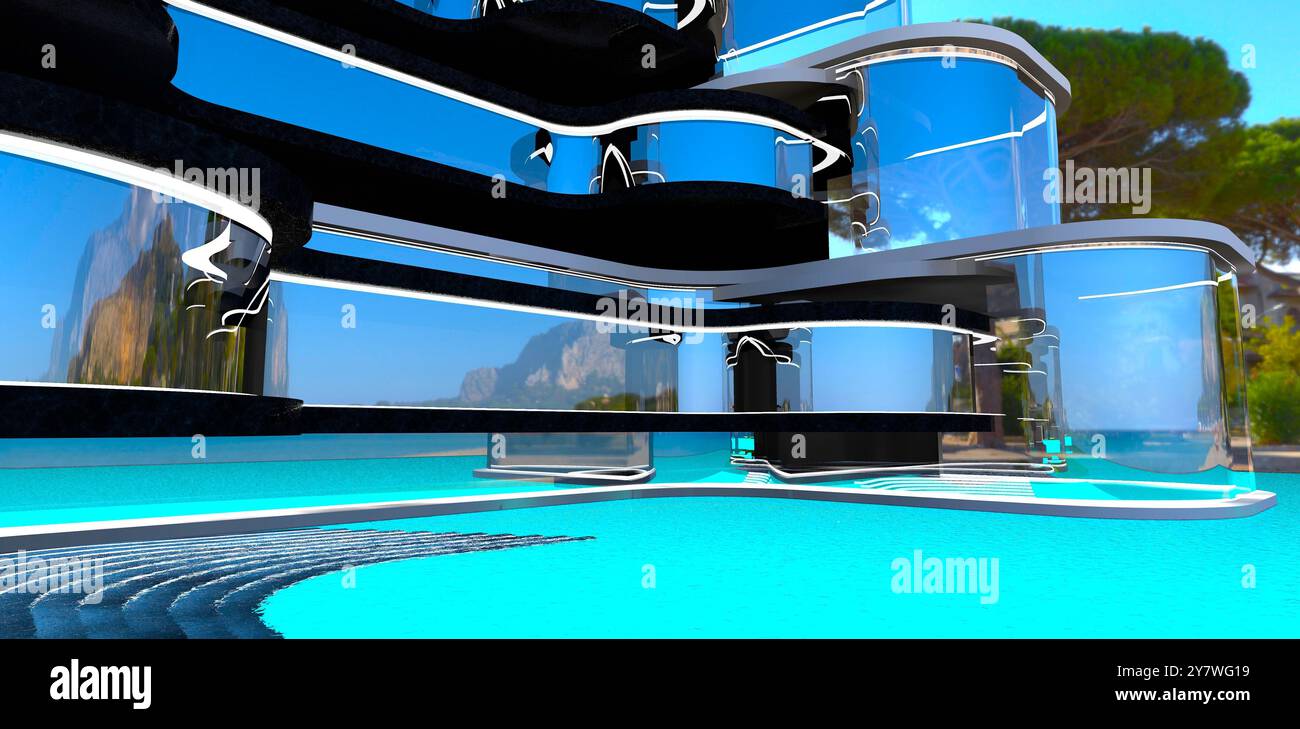 Esterno in vetro curvo di un hotel moderno costruito con un design innovativo sul fronte oceano. Rendering 3D. Foto Stock