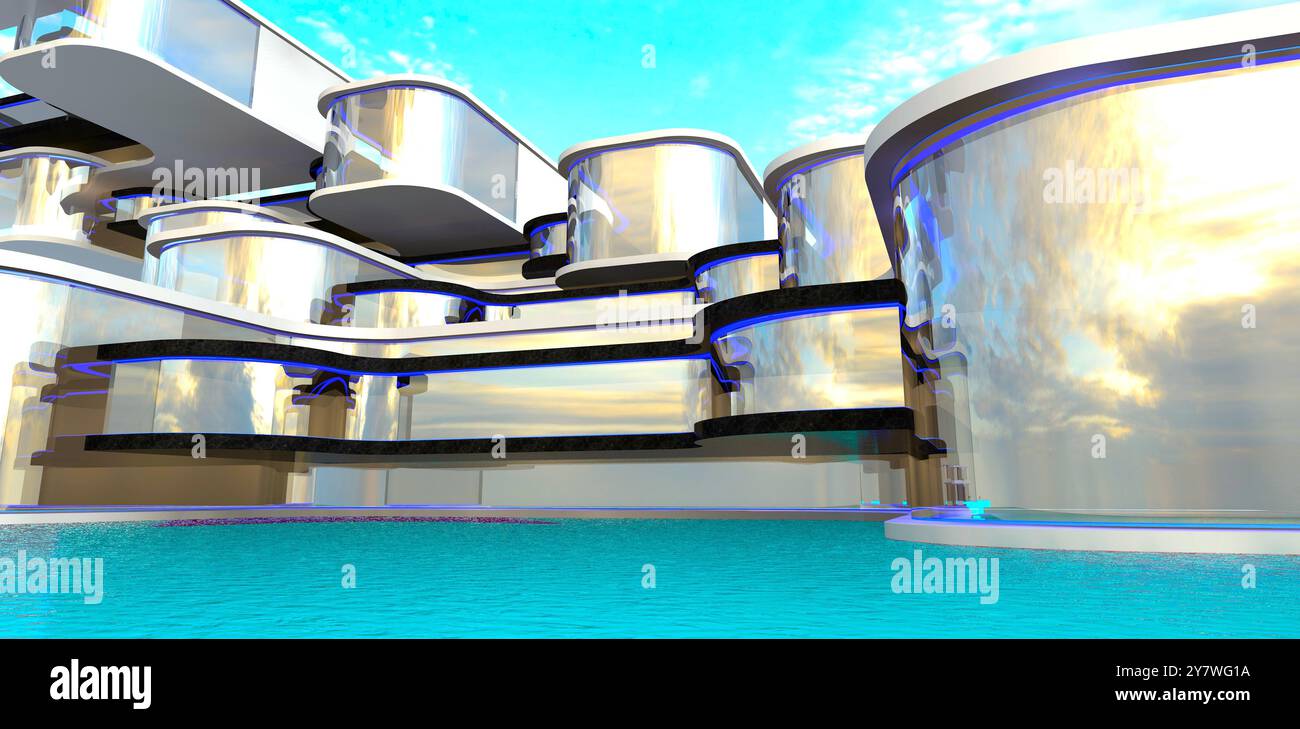 Facciata in vetro curvo di un edificio futuristico sull'acqua azzurra. Rendering 3D. Foto Stock