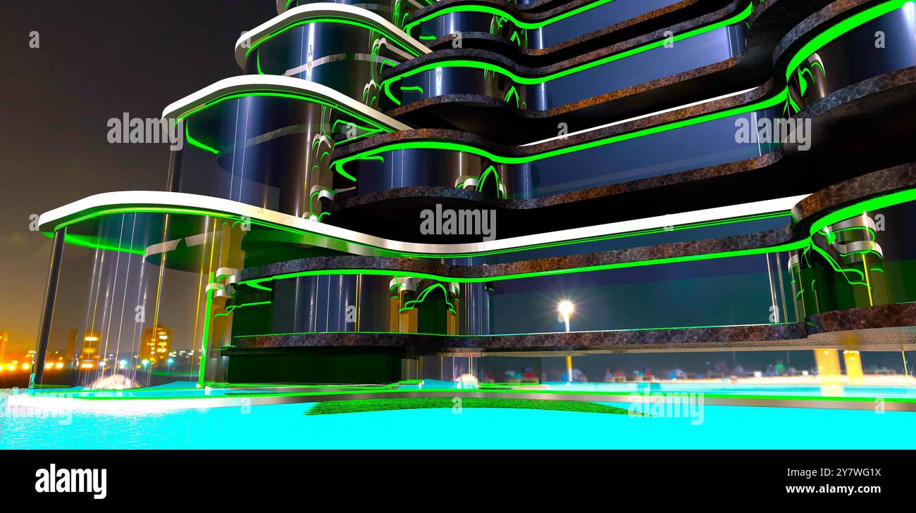 Forma esclusiva dell'esterno in vetro arrotondato di un moderno hotel ad Antalya di notte. Rendering 3D. Foto Stock