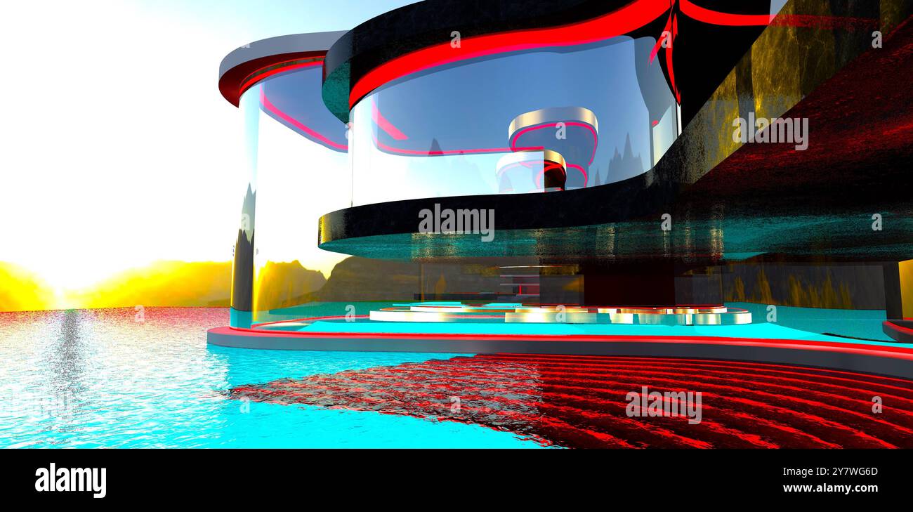 Magnifica alba su un lago turchese. Luce rossa sotto i gradini immersi in acqua. Facciata in vetro di un salone termale di montagna. Rendering 3D. Foto Stock