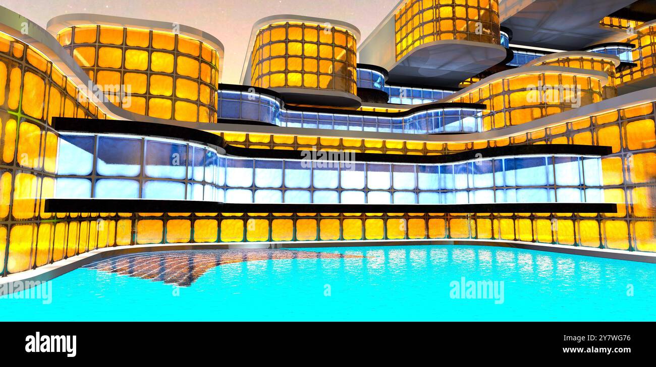 Hotel futuristico a piu' piani sull'acqua, caratterizzato da moduli separati con una grande facciata in vetro di notte. Rendering 3D. Foto Stock
