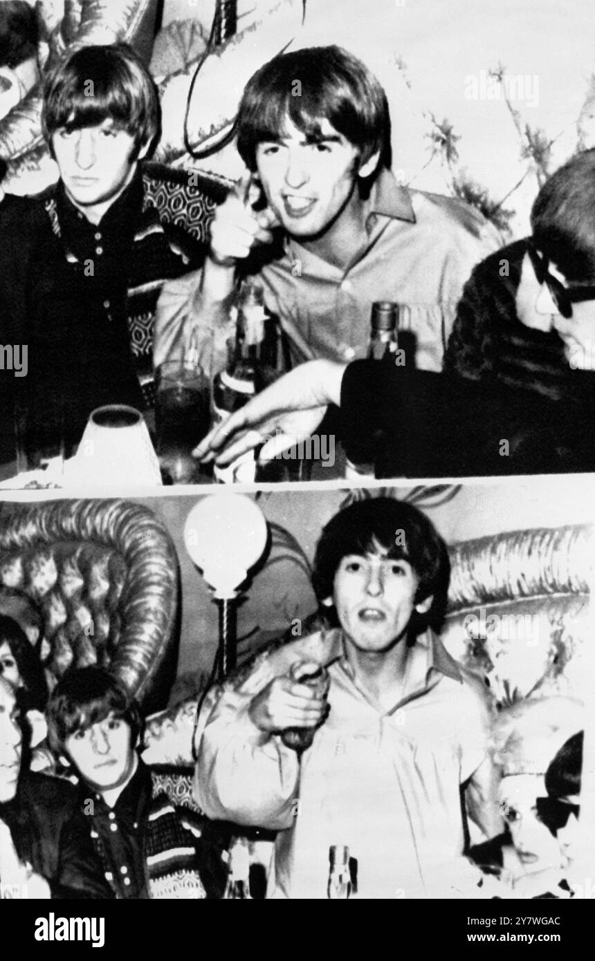 George Harrison avverte un fotografo di non scattare una foto durante una visita al jazz club Wish-a-Go-Go. Ringo Starr ( a sinistra ) e John Lennon ( a destra ) guardano su . In fondo , George Harrison viene mostrato con un bicchiere in mano dopo aver presumibilmente gettato il contenuto ad un fotografo . L'attrice Jayne Mansfield può essere vista parzialmente a destra. Hollywood , California , USA 26 agosto 1964 Foto Stock