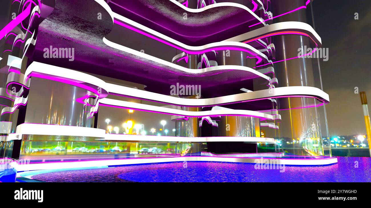 Un edificio con una facciata in vetro. Una piscina con luce blu. Il riflesso delle luci del complesso alberghiero nel vetro di notte. Rendering 3D. Foto Stock