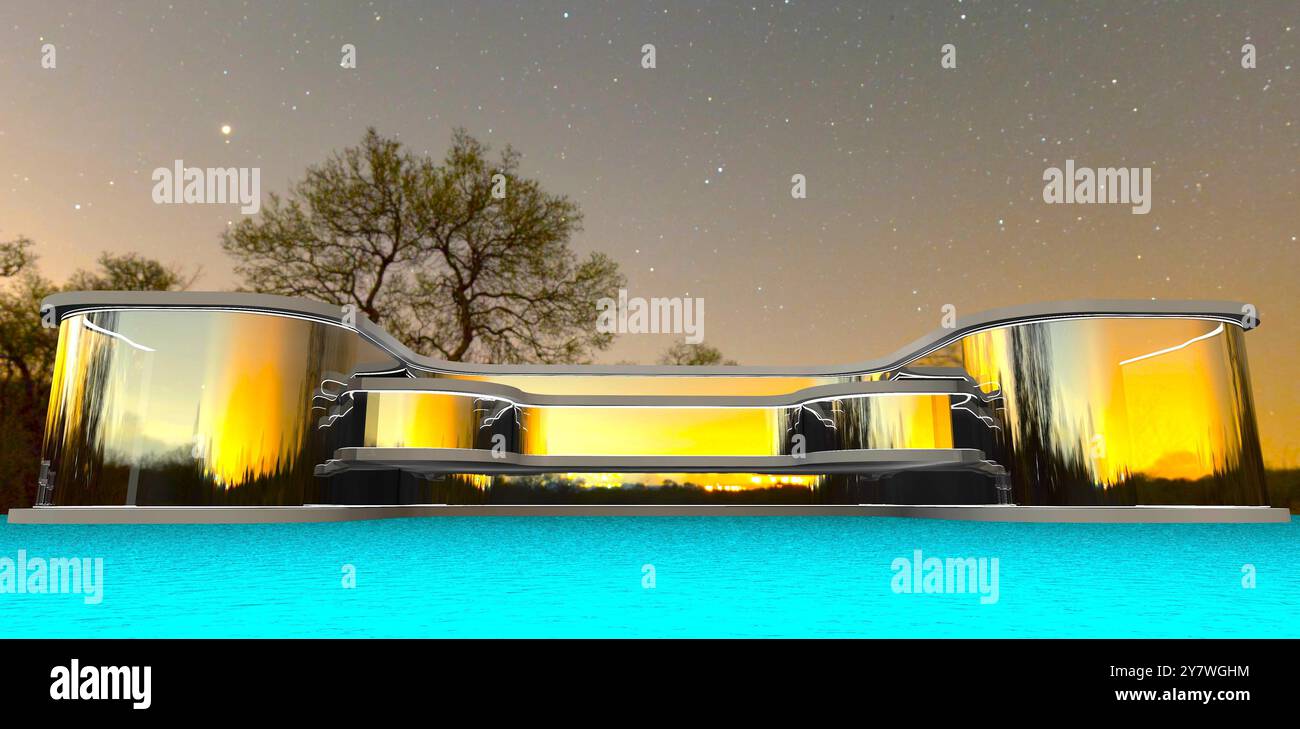 Un esterno in vetro di un edificio moderno con accesso ad una spaziosa piscina turchese nei sobborghi di New York di notte. Rendering 3D. Foto Stock