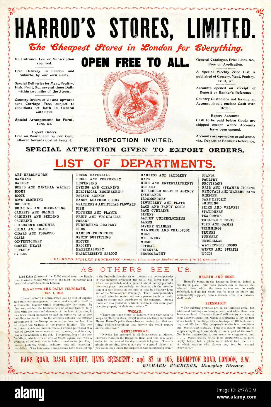 Pubblicità per Harrod's Stores , Limited . I negozi più economici di Londra per tutto. Aperto gratuitamente a tutti . Ispezione invitata . Particolare attenzione agli ordini di esportazione. Elenco dei dipartimenti . Come altri ci vedono , ecc . 1897 Foto Stock