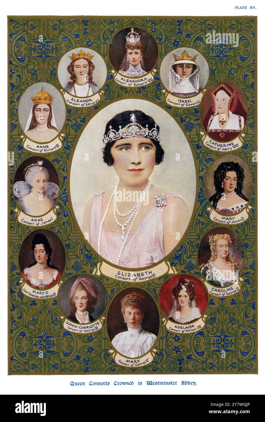 Regina consorte incoronate nell'Abbazia di Westminster (con riferimento a Giorgio vi e alla Regina Elisabetta) - Elisabetta (consorte di Giorgio vi) è circondata da Isabella , Caterina , Maria , Carolina , Adelaide , Maria, Sofia-Carlotta, Maria II, Anna, Anna, Eleanor, Alexxandra Foto Stock
