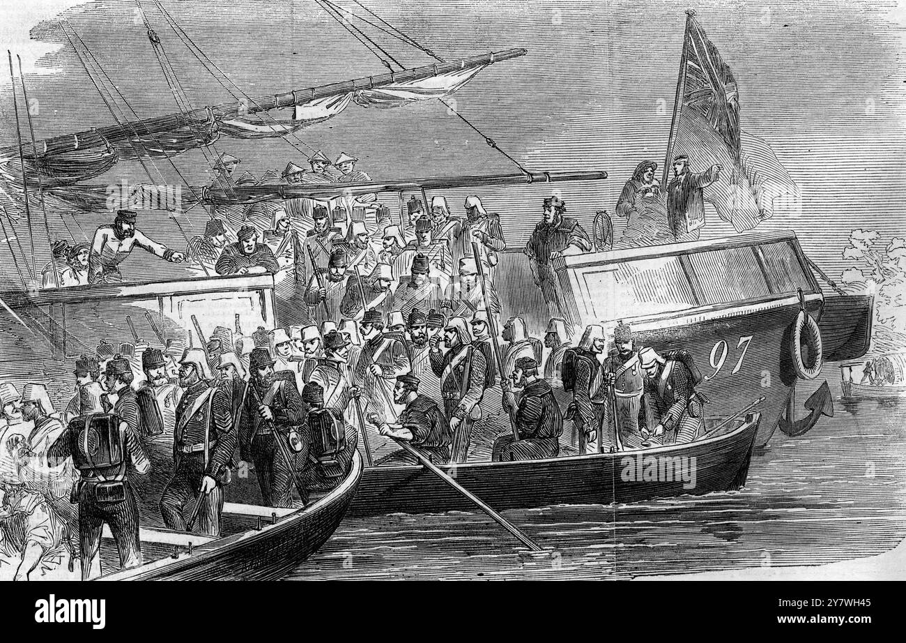 La guerra in cina - l'attacco a Canton . Marine che lasciano la barca a cannoni. 13 marzo 1858 Foto Stock