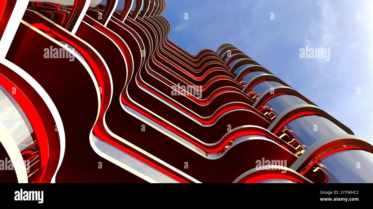 Illuminazione a LED rossa sulla facciata di un prestigioso condominio a Canberra. Vista dal basso. Rendering 3D... Foto Stock