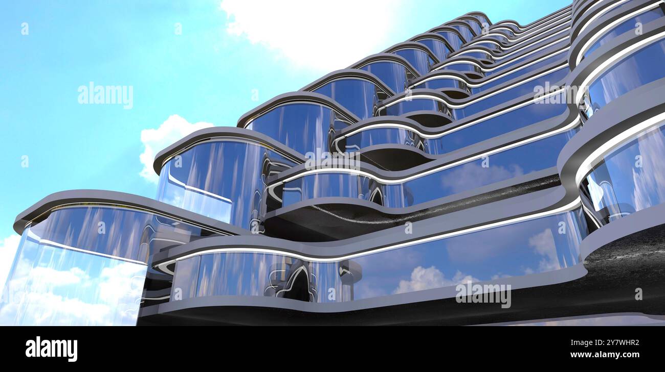 Esterno a gradini di un prestigioso edificio con una facciata in vetro a New Orleans. Rendering 3D. Foto Stock