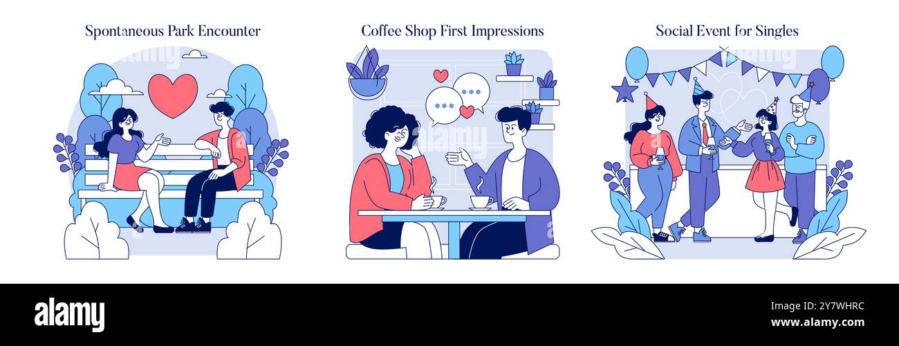 Set di incontri offline. Incontri informali che si trasformano in romanticismo nel parco, nella caffetteria e nelle scene di eventi sociali. Momenti teneri in un ambiente urbano. Illustrazione vettoriale. Illustrazione Vettoriale
