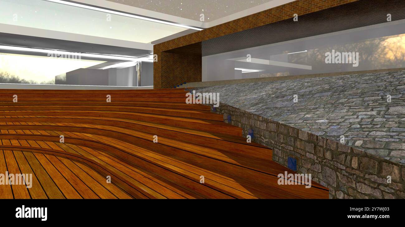 Gradini semicircolari in legno di fronte ad un lussuoso edificio di campagna di notte. Il bordo inclinato è rifinito con granito. Rendering 3D. Foto Stock