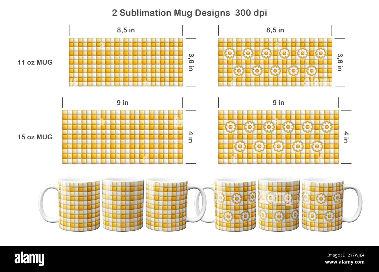 Set di 2 motivi a quadri Puffy Buffalo gonfiati. Modello di sublimazione per tazza da caffè da 360 ml e 360 ml. Foto Stock