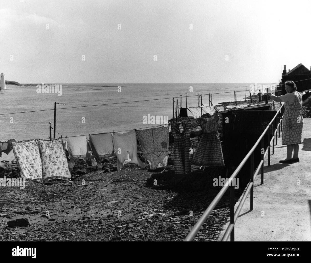 I cottage dei pescatori che si affacciano sull'estuario dell'Esk meridionale a Ferrydan , Angus , Scozia , hanno linee di lavaggio quasi sopra l'acqua Foto Stock