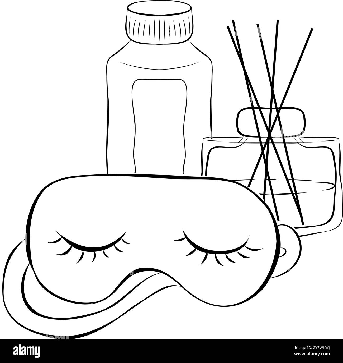 Un set di articoli per il relax - diffusore di aromi, olio essenziale, crema, maschera per il sonno. Il mio tempo, la cura di me stesso, il concetto di vita lenta. Illustrazione vettoriale disegnata a mano Illustrazione Vettoriale