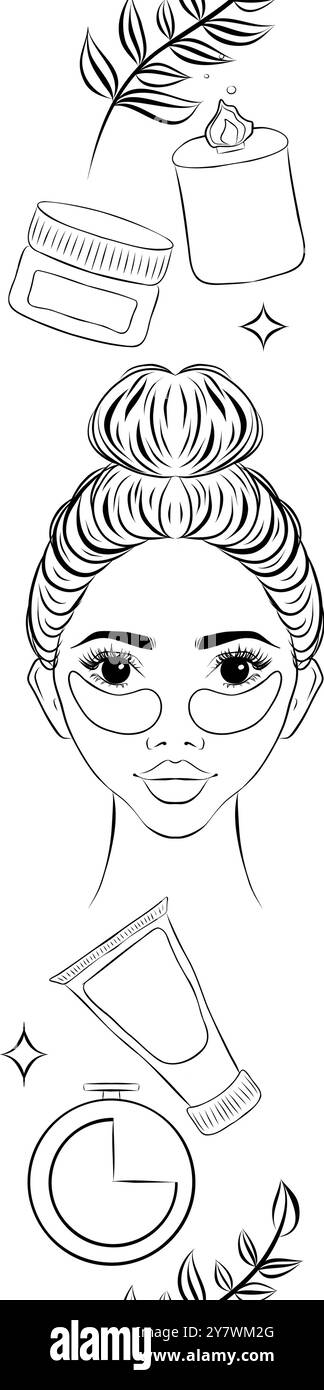 Centro benessere con trattamenti giornalieri, sfondo del bordo. Motivo vettoriale senza cuciture con contorno per le feste. decorazione per il centro benessere, crema, timer, candela, ritratto di una ragazza, pat Illustrazione Vettoriale