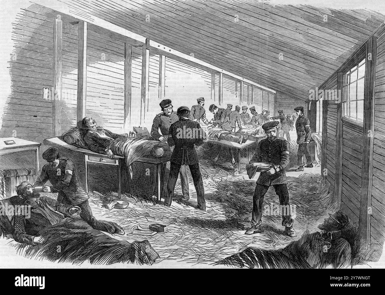 Temporary Field Hospital dietro il secondo parallelo prussiano a Duppel Scene nella Capanna Amputatuing - 1864 ©TopFoto Foto Stock