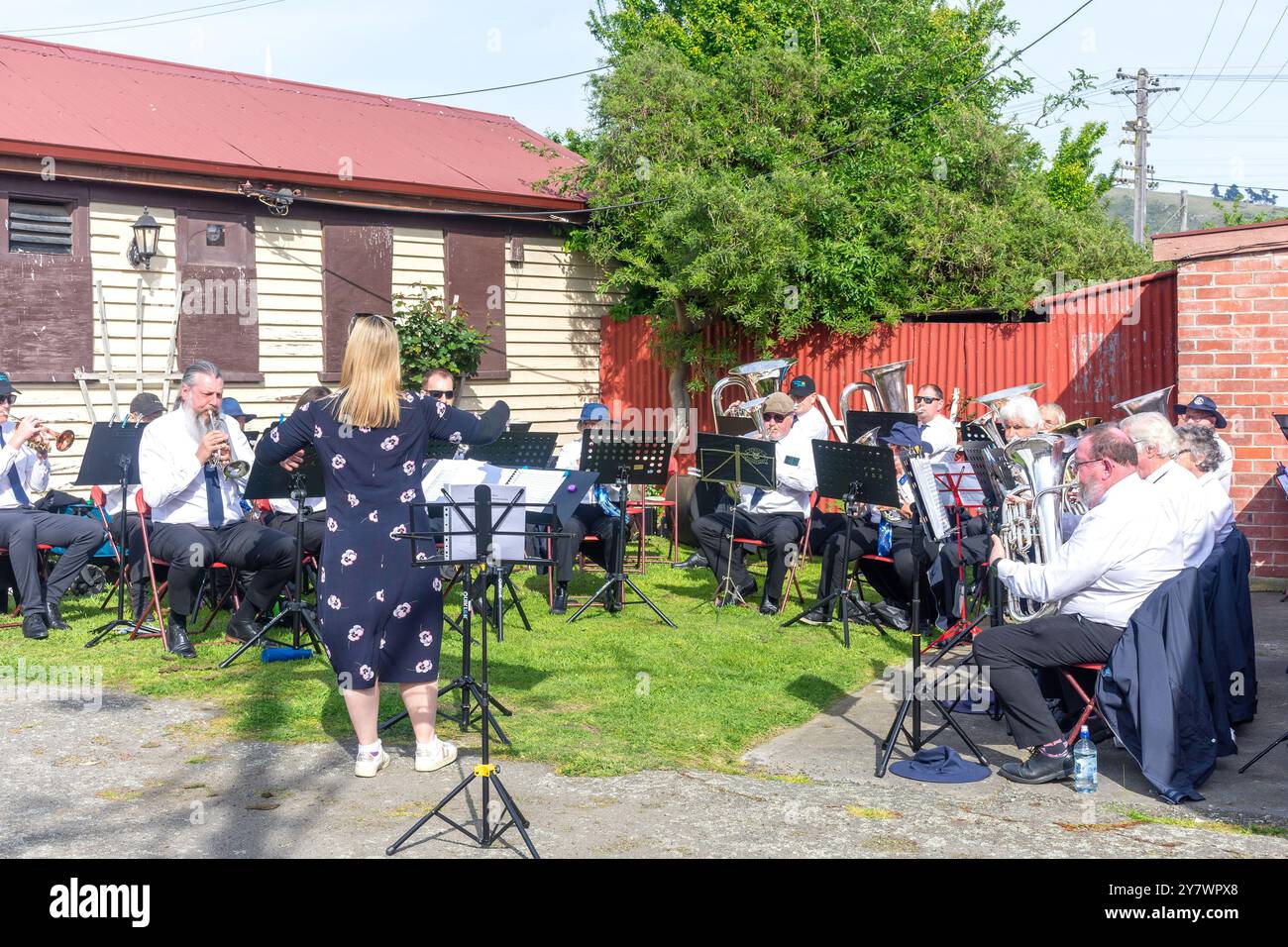 Sumner Silver Band suona al Ferrymead Heritage Park, Ferrymead, Christchurch (Ōtautahi), Canterbury, nuova Zelanda Foto Stock