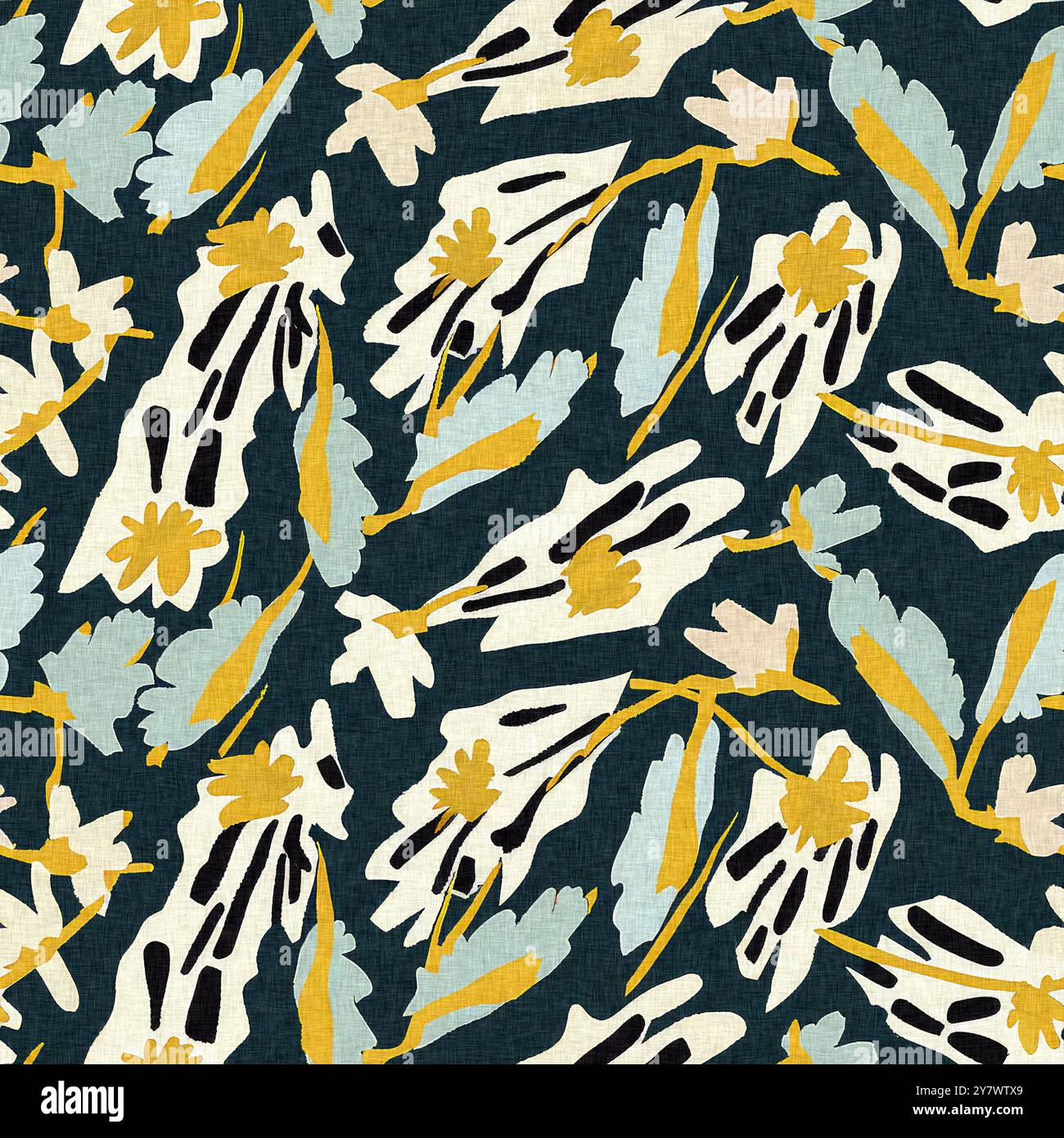 Moderno motivo blockprint in tessuto stampato con fiori selvatici e texture in lino. Motivi floreali boho scuri disegnati a mano stilizzati per elementi di design decorativi Foto Stock