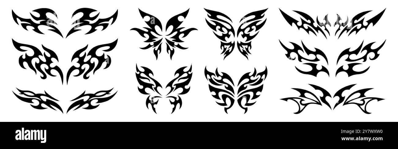 Tatuaggio neo tribale y2k, elementi cyber sigilismo. Set vettoriale di forme simmetriche neotribiche, sagome astratte, ornamenti gotici celtici. Adesivi neri emo retro di cuore, farfalla con ali Illustrazione Vettoriale