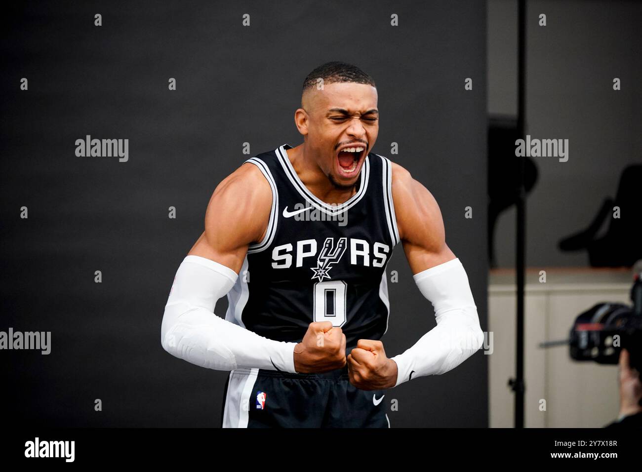 I San Antonio Spurs Keldon Johnson prendono parte al Media Day annuale della squadra per la stagione NBA 2024-2025. Foto Stock