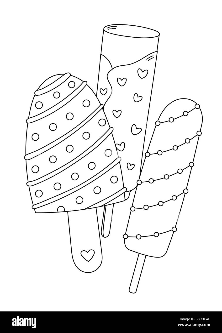 La pagina da colorare per adulti e bambini presenta un assortimento di gelato su bastone, che offre Un'esperienza da colorare per alleviare lo stress Illustrazione Vettoriale