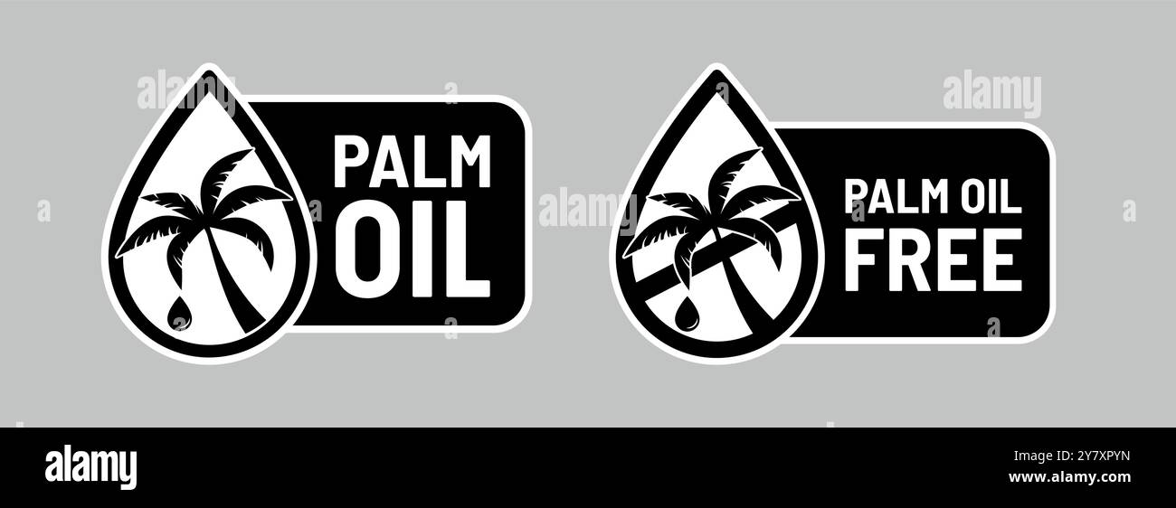 Concetto di etichetta senza olio di palma. Silhouette di una foglia di palma tropicale e goccia di olio che produce. Etichetta senza olio di palma. Segni vettoriali per il design dell'imballaggio. Illustrazione Vettoriale