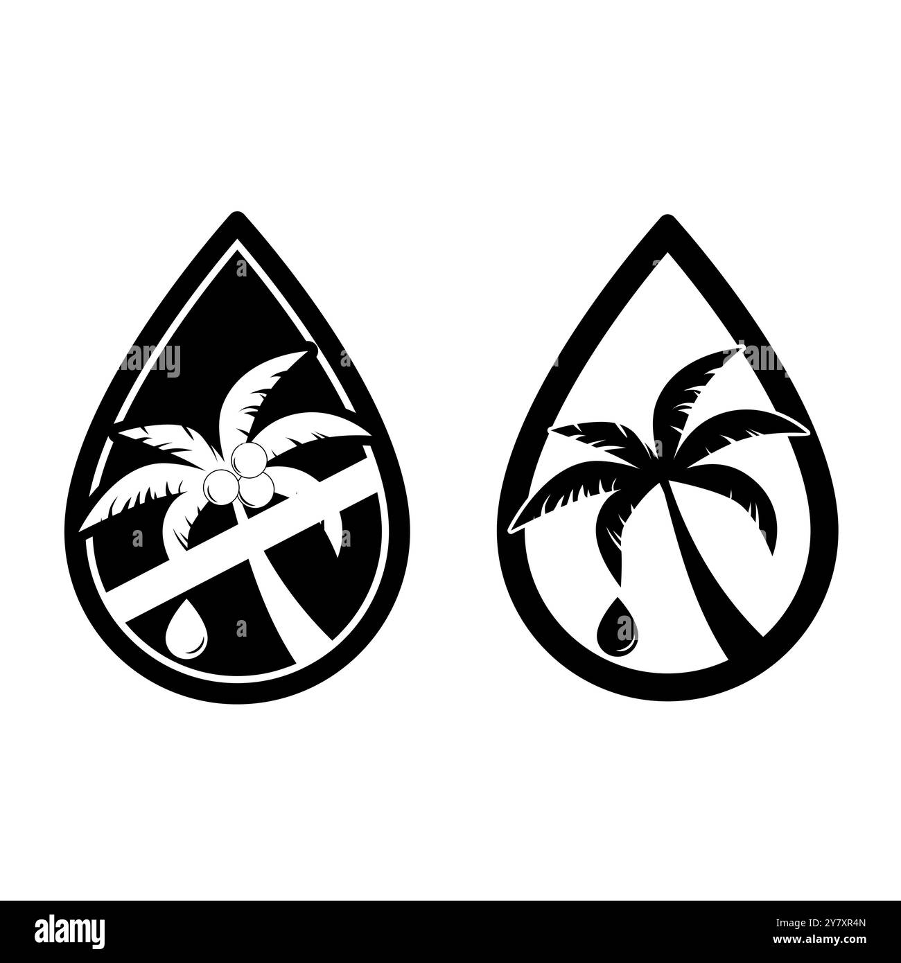 Concetto di etichetta senza olio di palma. Silhouette di una foglia di palma tropicale e goccia di olio che produce. Etichetta senza olio di palma. Segni vettoriali per il design dell'imballaggio. Illustrazione Vettoriale
