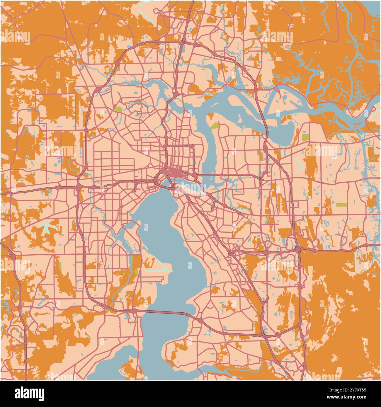 Mappa di Jacksonville in Florida in un tema sabbioso. Contiene vettore stratificato con strade, acqua, parchi, ecc. Illustrazione Vettoriale