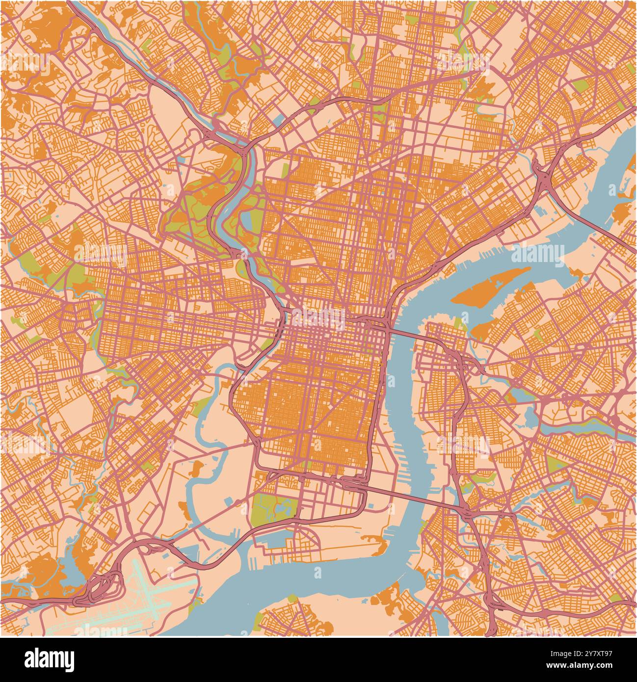 Mappa di Philadelphia in Pennsylvania in un tema sabbioso. Contiene vettore stratificato con strade, acqua, parchi, ecc. Illustrazione Vettoriale