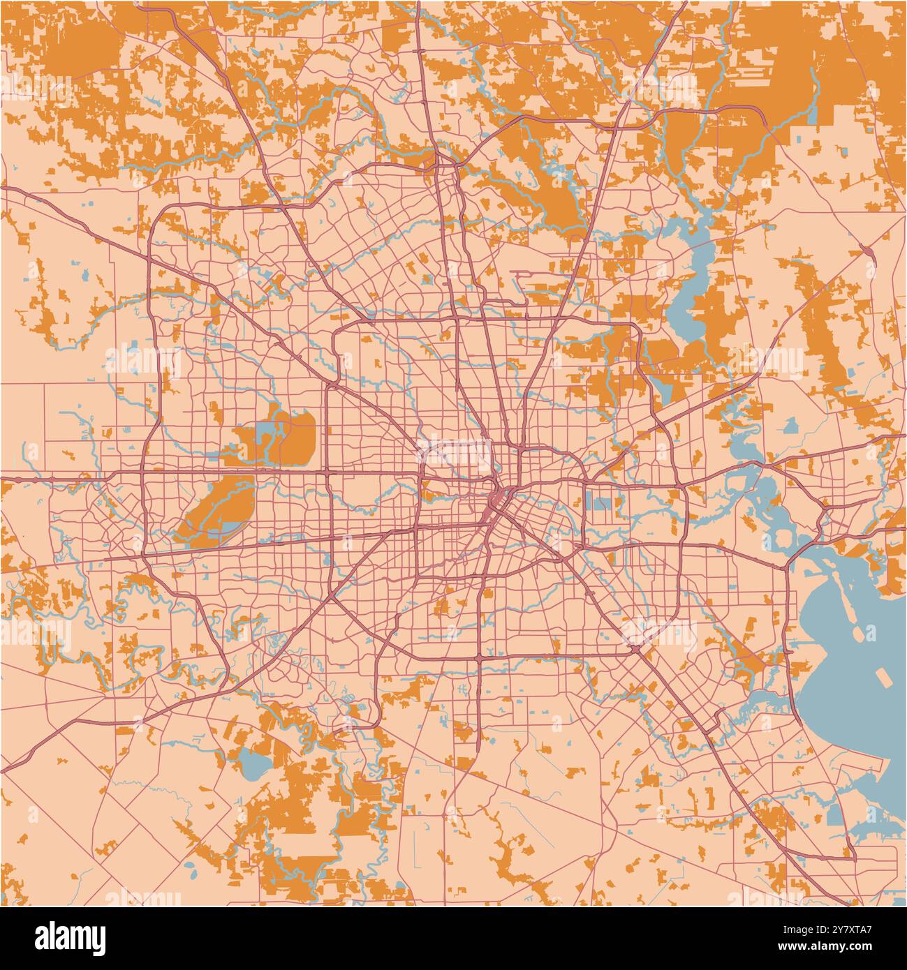 Mappa di Houston in Texas in un tema sabbioso. Contiene vettore stratificato con strade, acqua, parchi, ecc. Illustrazione Vettoriale