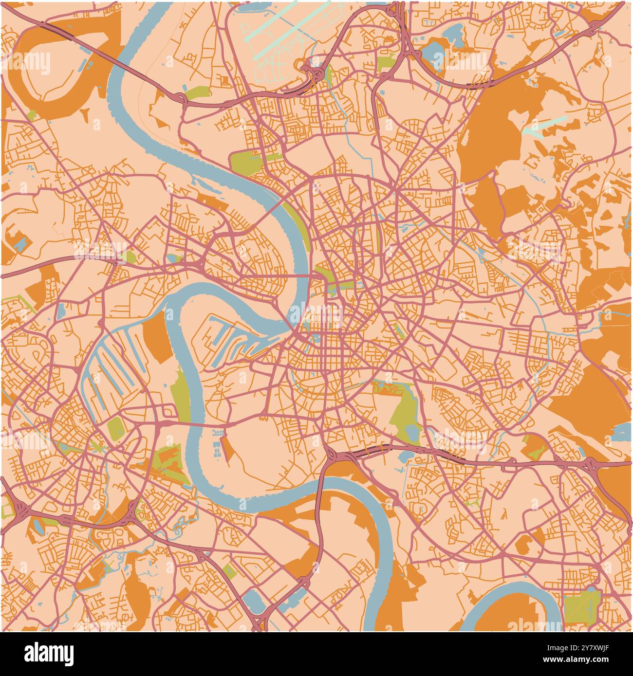 Mappa di Dusseldorf in Germania in un tema sabbioso. Contiene vettore stratificato con strade, acqua, parchi, ecc. Illustrazione Vettoriale